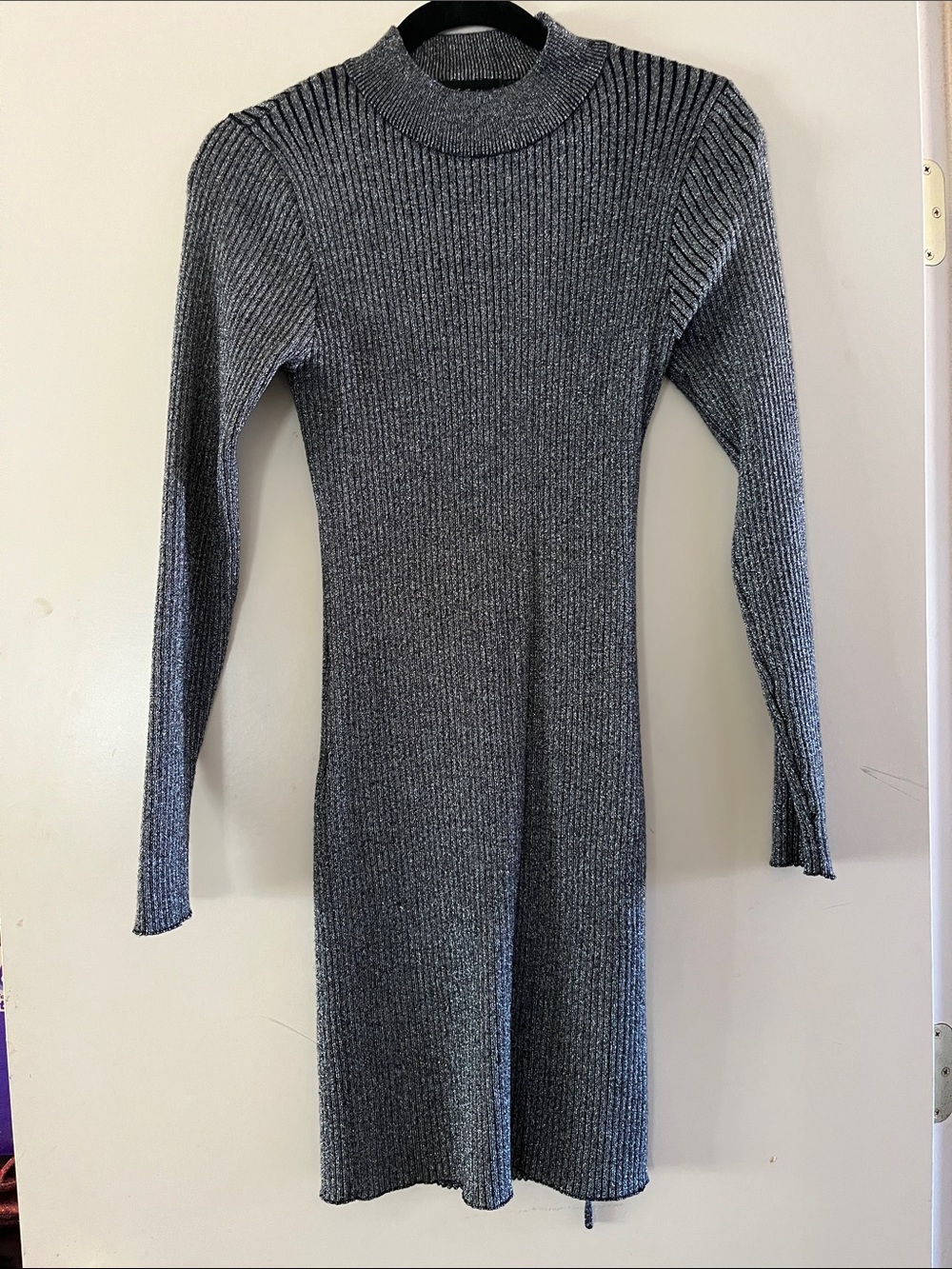 Say What? Metallic Gray Ribbed Long-Sleeve Knit Dress with lace up back